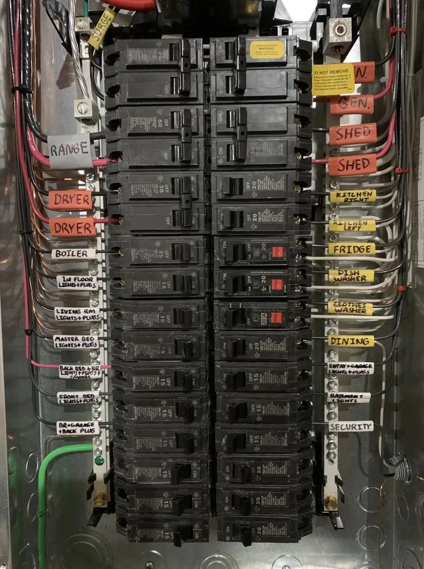 A residential breaker panel with every circuit wire tagged with a printed label